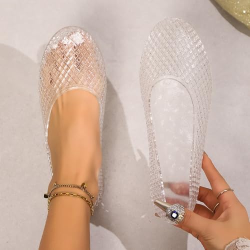Jelly Mesh Ballet Flats for Women Clear Jelly Sandals Hollow Water Slides Slip on House Slippers Lightweight Breathable No Slip Sole Wide Dressy Ballerina Shoes Summer Beach Party Cruise Vacation2