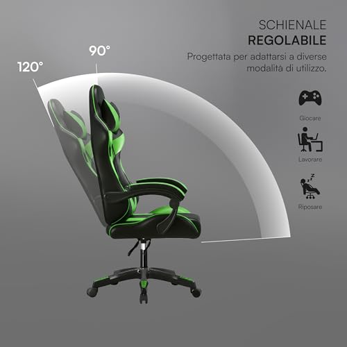 Baroni Home Sedia Gaming Con Schienale Ergonomico Inclinabile E Altezza Regolabile, Sedia Ufficio Con Supporto Lombare, Poggiatesta Imbottito, 50X62X110-120 Cm, Nera E Verde - 4