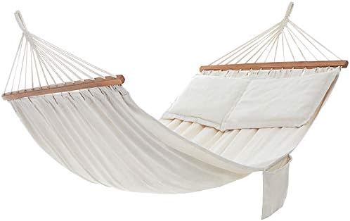 SONGMICS podwójny hamak z 2 poduszkami, łóżko huśtawka nadaje się dla 2 osób, 70% bawełna, 210 x 150 cm, nośność 300 kg, beżowy GDC22M