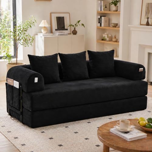 KOMHTOM Canapé 3 Places en Velours Côtelé avec 3 Coussins Confortables, DIY Libre et Structure Métal - Canapé Convertible Multifonctionnel Moderne (Noir-B)