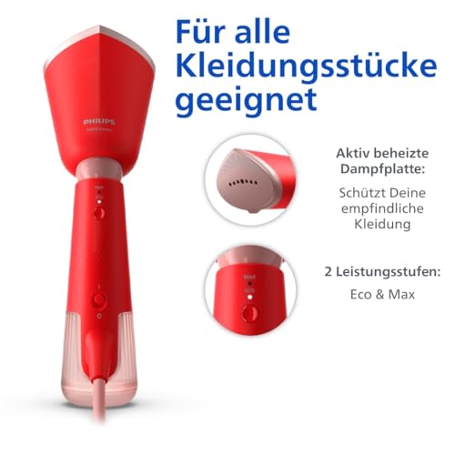 Philips Dampfglätter 5000-Serie - 35 Sekunden Aufheizen, aktiv beheizte Dampfplatte, Eco-Modus, für empfindliche Textilien, dampft vertikal & horizontal, Handschuh & Beutel, Orange-Rot (STH5020/40)