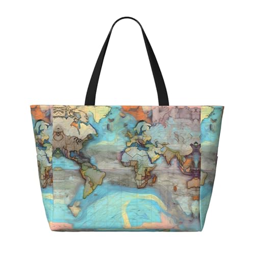 Large Capacity Beach Bag - print Waterproof Travel Bag Cartoon world map Multi-Pocket Tote for Vacation Gym Women2