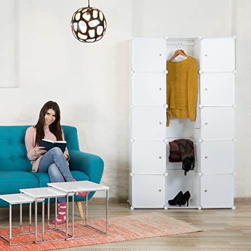 Relaxdays Regalsystem Kleiderschrank mit 11 Fächern, Garderobe mit 2 Kleiderstangen, DIY Kunststoff Steckregal, weiß