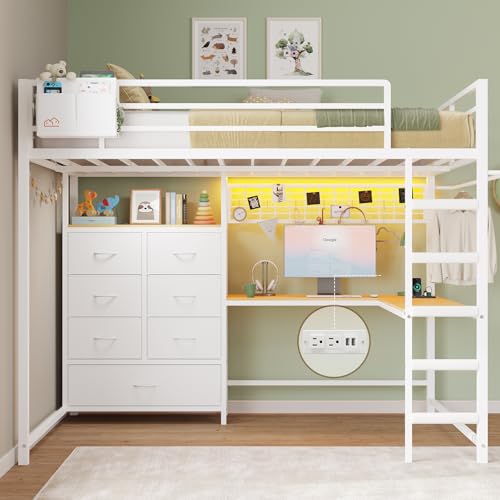 DICTAC Full Loft Bed with L-Desk