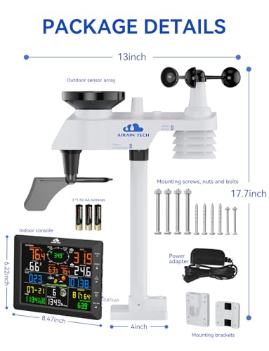 AIRAIN TECH 14-in-1 Wireless Weather Station with Dual Display, Outdoor Sensor, Atomic Clock, Rain Gauge，Wind Speed, Indoor Temp/Humidity, Barometric Pressure,etc (No WiFi)