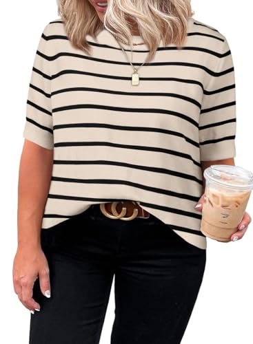Eytino Women Plus Size Sweater Short Sleeve Crew Neck Striped Pullover Tops 2025 Summer Trendy Outfits,2X Black