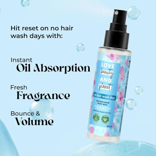 Image of LOVE BEAUTY and PLANET Bounce Back Reset Mist, no Alcohol Dry Shampoo, 30ml, for Instant Hair Reset, with Hyaluronic Acid & 100% Natural Pentavitin, Non-Aerosol, no White Residue, for Women