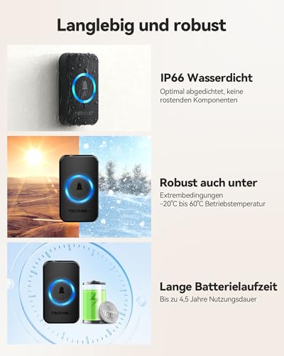 TECKNET Funkklingel Batteriebetrieben, Mini kabelloses Türklingel 400M, IP66 Aussen Wasserdicht Funk klingel Set, 5 Lautstärkestufen Haustür Klingel, und 60 Melodien doorbell Mit LED-Anzeige