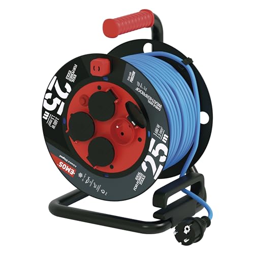 EMOS enrouleur de câble d'exteriéur, résistant au gel avec isolation en PVC durable, 25m de câble 1,5 mm2, 4 prises avec couvercles rabattables, IP44 étanche pour l'extérieur, l'industrie, le chantier