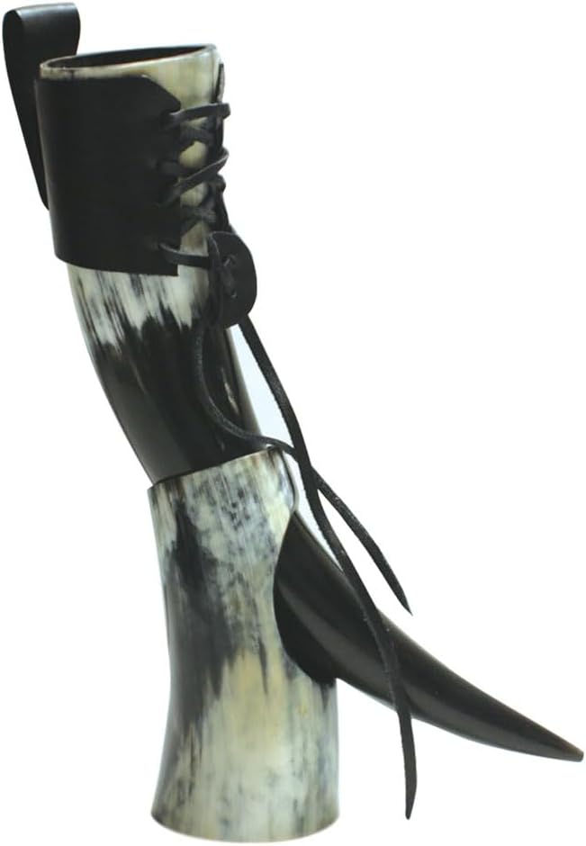 Viking Drinking Horn with Stand and Leather Holder | Genuine Ox Horn | Polished Finish | 11 to 15 Inches in Length | Drinking Cup | Viking Beer Mug | Perfect for Re-Enactment