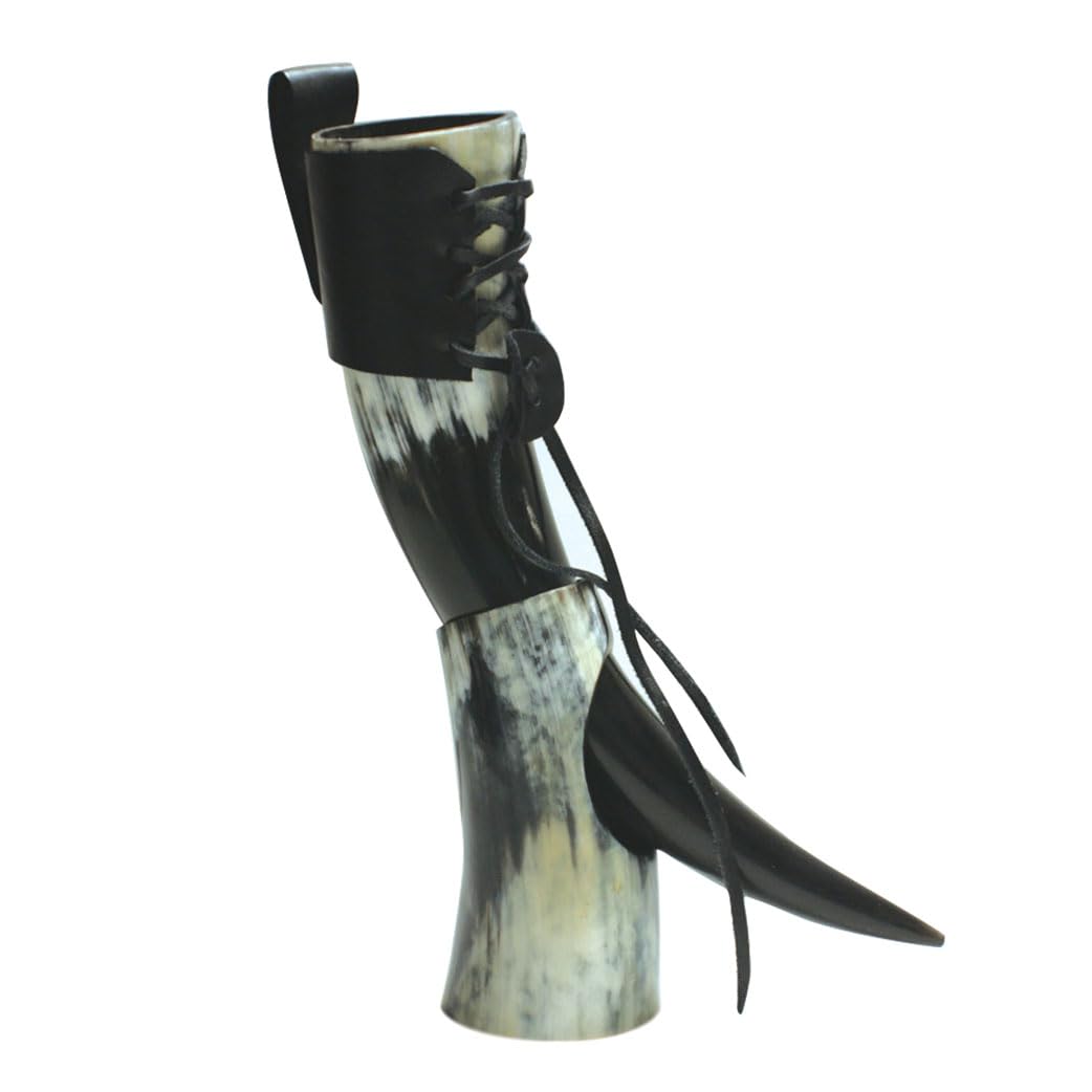 Viking Drinking Horn with Stand and Leather Holder | Genuine Ox Horn | Polished Finish | 11 to 15 Inches in Length | Drinking Cup | Viking Beer Mug | Perfect for Re-Enactment