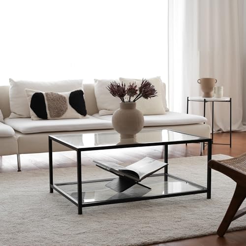 Modern Industrial Coffee Table, Fume & Black, 90 x 60 x 40 cm | 100% Tempered Glass Top, 4 mm | Sturdy Metal Frame | Stylish & Functional Design