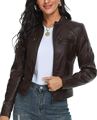 Fahsyee Women's Faux Leather Jacket, Moto Biker Antique-Finished Slim Vegan Motorcycle Zipper Coat Outwear, Coffee, Size S #TOP21