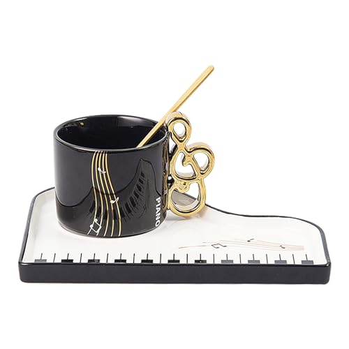 Taza de café de cerámica: tazas de café con mango para notas, taza de piano, capuchino tazas con plato y cuchara, regalos para músicos, taza de café para amantes de la música, Pascua, día de San
