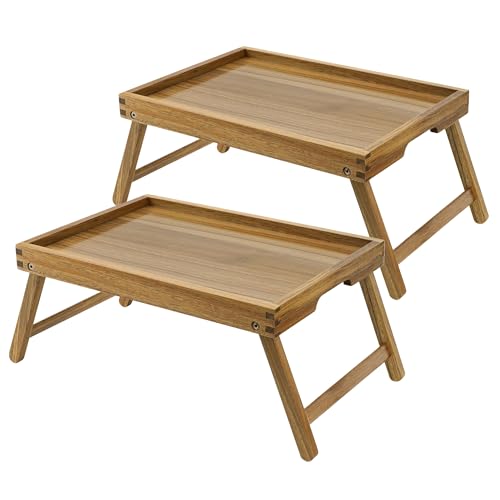 VaeFae 2 Pack Acacia Bed Tray, Wooden Breakfast Tray with Folding Legs,Multi-Purpose Lap Desk for Laptop, Bed & Sofa