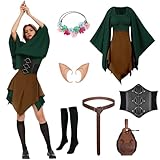 7 Pcs Women Elf Renaissance Costume Medieval Dress Traditional Irish Dress, Elf Cosplay Costume for Women Halloween(Green and Brown, Small)