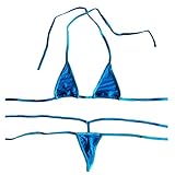 Luckilia Women's Sheer Extreme Bikini Halterneck Top and Tie Sides Micro Thong Sets (Blue),One Size