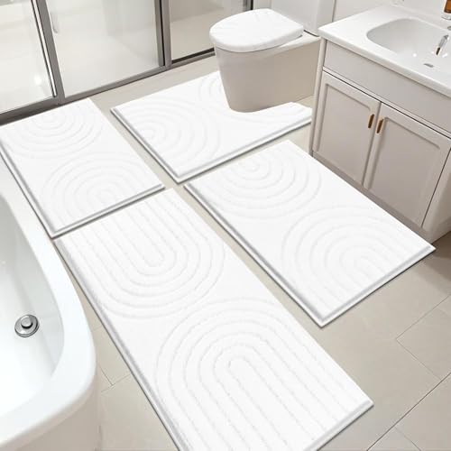 HEBE Bathroom Rugs Set 5 Piece, Plush Absorbent Bath Mats for Bathroom, Non Slip Machine Washable Bath Mat Set with Toilet Cover, Bath Runner and U-Shaped Contour Toilet Rug, White