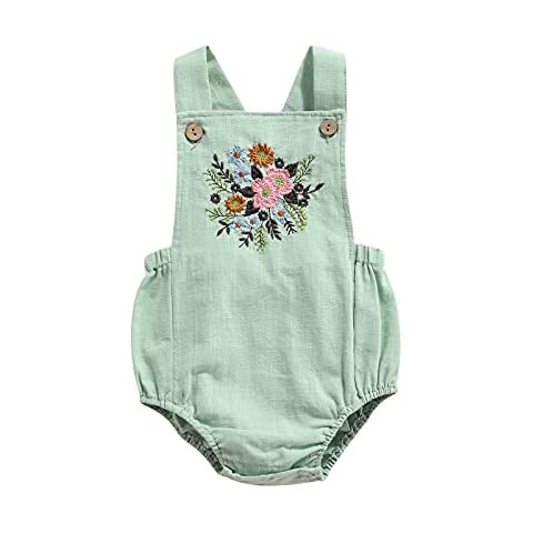 Boho Baby Girl Clothes Cotton Linen Romper Straps Bodysuit Tops Newborn Girl Summer Clothes, Green, 3-6 Months Cover