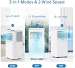 10,000 BTU Portable Air Conditioner, 3-in-1 Quiet AC Unit with Fan & Dehumidifier for Rooms up to 450 Sq. Ft., LED Display, Remote Control & Window Kit Included – Ideal for Bedroom, Office