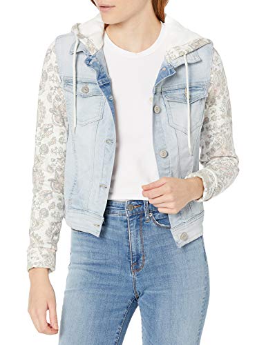 WallFlower Junior's Dreamer Hooded Knit-Sleeve Denim Jacket, Swansea, X-Small (00/0 US)