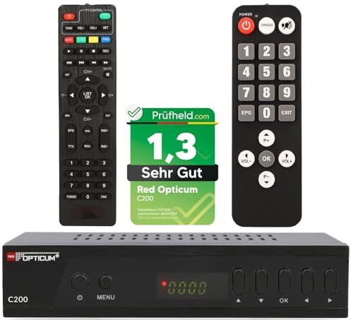 Opticum C200 Full HD Kabel Receiver mit PVR Aufnahmefunktion + Senioren-Fernbedienung, DVB-C Receiver für Kabelfernsehen mit HDMI SCART USB Kabelanschluss für Radio und Fernsehen