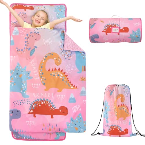 Wowelife Dinosaur Nap Mats for Daycare, Pink Toddler Sleeping Bag Girls, Toddler Nap Mat with Pillow, Minky Blanket and Matching Bag as Backpack for Daycare, Kindergarten, Sleepovers,Pink