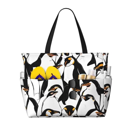 (Cute Baby Penguins Sketch) Large Beach Tote Bag for Women Waterproof Sandproof Travel Shoulder Bag with Pocket for Pool Vacation Weekend Gym