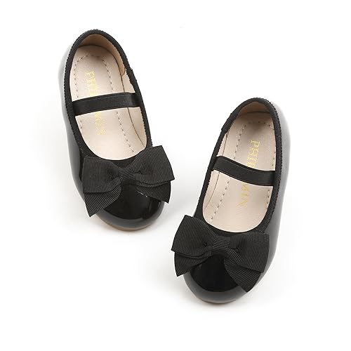 PHIRAMIN Toddler Flower Girl Black Dress Shoes - Little Girl Ballet Flats Size 11 Sparkly Bow Wedding