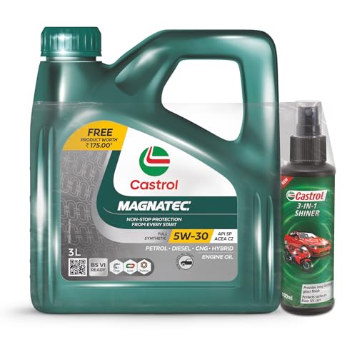 Image of Castrol MAGNATEC 5W-30 - Full Synthetic Engine Oil for Petrol, Diesel, CNG and Hybrid Cars (3L) & Castrol 3-IN-1 SHINER for Cars and Bikes (100ML) - Combo Pack