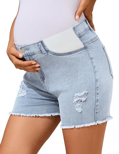 Image of PACBREEZE Women's Maternity Mid-Rise Stretch Denim Shorts Trendy Soft Frayed Hem Pregnancy Shorts, S-XXL