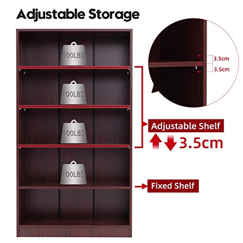 Wood Bookcase 5-Shelf Freestanding Display Wooden Bookshelf For Home Office School (11.6"*33"W*59.8" H, Mahogany) #TOP3