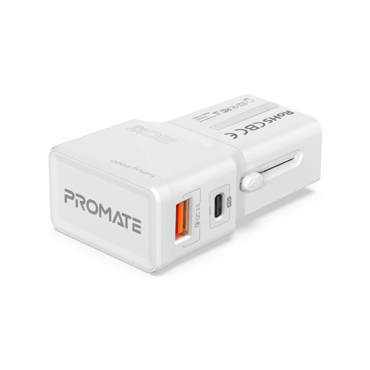 Promate Travel Adapter, All-In-One International Travel Power Charger with 20W Fast USB-C Charging Port, Qualcomm QC 3.0 and Smart Surge Safety for USA, EU, UK, AUS, Cellphones, TriPlug-PD20 White