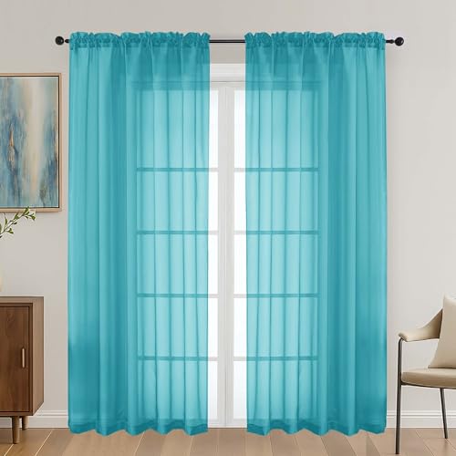 Image of OVZME Turquoise Sheer Curtains 72 Inches Long 2 Panels Set, Light Filtering Sheer Curtains for Living Room Bedroom 59 Inch Extra Wide, Modern Voile Filmy Rod Pocket Window Drapes, 59Wx72L Inches
