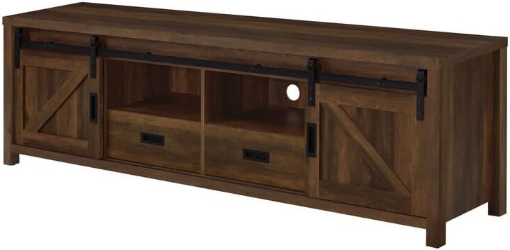 HomeStock Lakeside Living Rustic TV Console with Sliding Barn Doors, Black Hardware, 2 Adjustable Shelves, 6 Compartments, Dark Pine Finish, 78.75" L x 15.5" D x 23.5" H