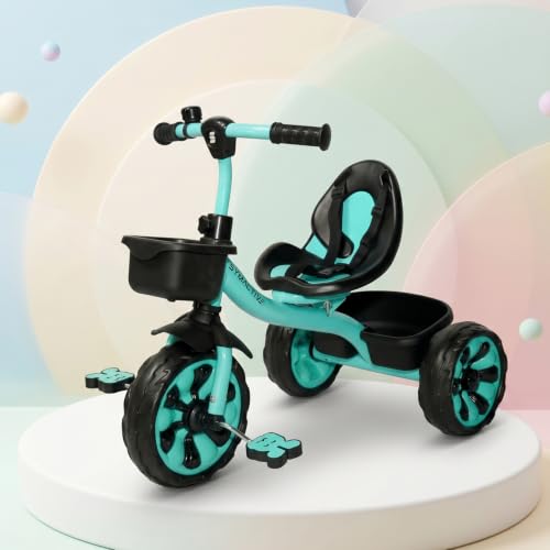 Amazon Brand - Symactive Kids Tricycle | Plug & Play EVA Wheels | High Rise Seat with Seat Belt | Dual Storage Baskets | Bell | BIS Certified | Age 2–5 Years | Green