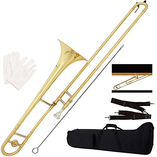 Mendini by Cecilio Trombone Kit - Bb Tenor Brass Instruments for Kids, Beginners w/Case & Gloves