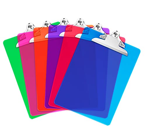 Plastic Clipboards with Butterfly Clip Set of 6-12.5 x 9 Inch Multi Color Plastic Clipboards Bulk - Clear Clipboards Bulk Classroom Holds 100 Sheets, Acrylic Clipboard Clear 6 Pack