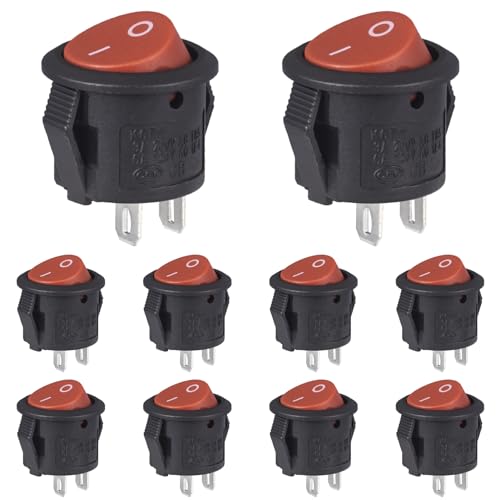 VEXUNGA Round Rocker Switch Red On Off 2 Pin Mini Round Toggle Switch 3A 250V 6A 125V 15MM Circle Switches for RV Car Truck Boat (Pack of 10pcs)