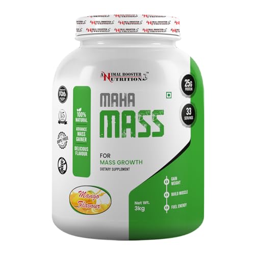 Image of Animal Booster Nutrition Maha Mass Gainer, 25 Grams of Protein in 90gm of Serving Helps in Gain Weight, Build Muscle & Fuel Energy - Mango Flavor (33 Servings /3KG)
