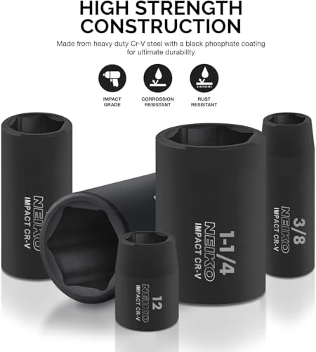 NEIKO 02448A 1/2" Drive Master Impact Socket Set, 65 Piece, Standard SAE (3/8"-1-1/4") & Metric (10-24 mm) Sizes, Deep & Shallow Kit, Includes Adapters & Ratchet Handle thumbnail 2