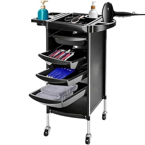 4 Drawers Removable Hairdressing Trolley on Wheels 360 Mobile Beauty Salon Cart Foldable Top Easy Clean Surface Design for Barber Spas Home Nail Tech Makeup