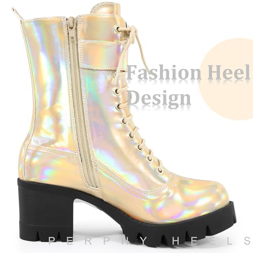 Perphy Platform Lace Up Round Toe Chunky Heel Combat Boots for Women4