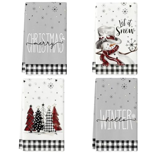 Tarqite Geschirrtücher Weihnachten 4er Set 45x70cm Küchentücher Weihnachts Weihnachtshandtücher Weihnachten Handtücher mit Weihnachtsbaum Schneeflocken Muster