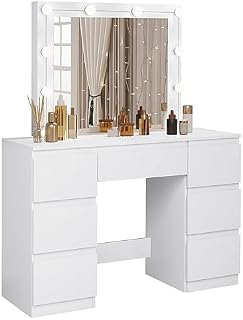 Toaletka WOLTU z oświetleniem LED, kosmetyczka z lustrem, toaletka z 7 szufladami, regulowana jasność, wykonana z drewna, 110x140,5x39,5 cm, nowoczesna, biała