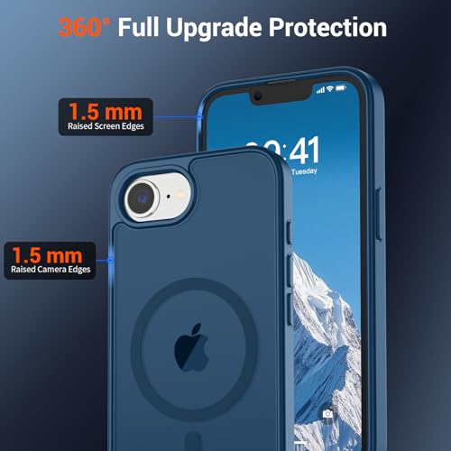 Image of SUPFINE Magnetic for iPhone 17e Case /iPhone 16e Case with Screen Protector (Compatible with MagSafe)(Military Grade Drop Protection) Translucent Matte with Anti-Fingerprint Phone Case,Deep Blue