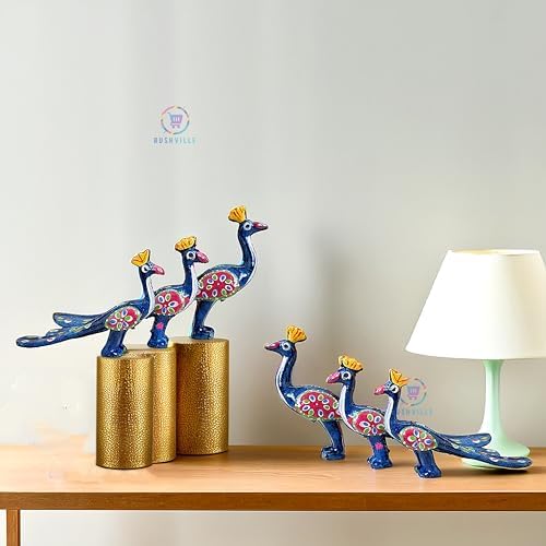 Hand-Painted Paper Mache Peacock Set - Traditional Indian Folk Art Decor for Home, Office, andifting - Set of 6 in Light Blue