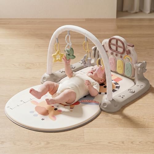 Image of Baybee 2 IN 1 Premium Play Gym for Babies I Baby Playing mat for Kids with Lights, Music & Hanging Toys I Portable Play Mat for New Born Baby with Growth Scale I Learning Baby Toys for 0 to 3 Year (Grey)