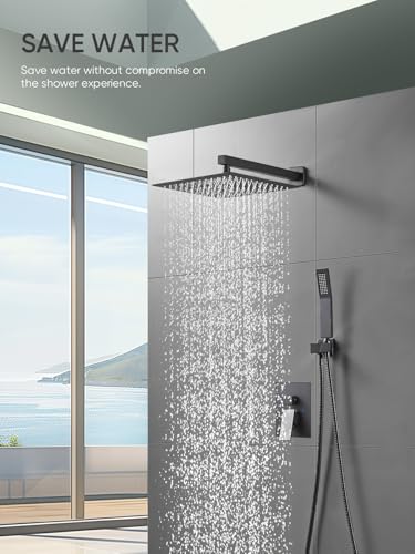 Cobbe Shower System, Shower Faucets Sets Complete, 12 Inches Matte Black Shower Fixtures with Handheld, Black Shower Faucet Set for Bathroom Rough-in Valve Body and Trim Included - Thumbnail 6