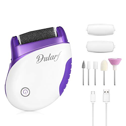 Dularf Rechargeable Pedicure Foot File Powerful Electric Callus Remover with 2 Roller Heads and 5 Nail Buffing Tool in 2-Speed for Dead Hard Cracked Skin